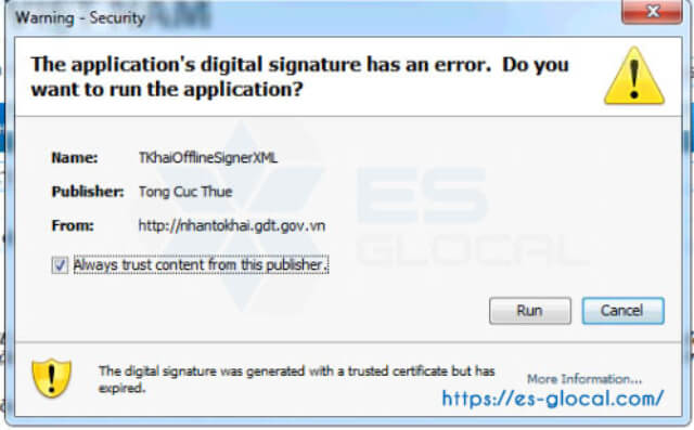 lỗi failed to validate certificate the application will not be executed